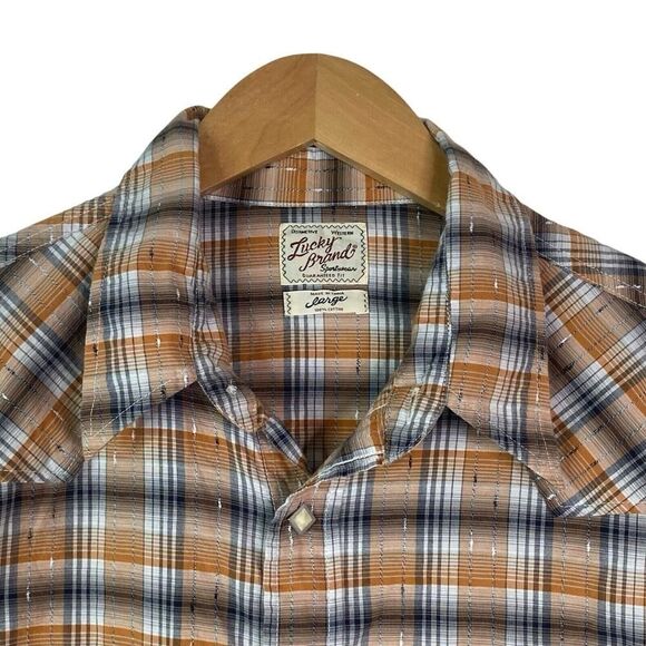 Lucky Brand Mens Large Western Diamond Pearl Snap Shirt Plaid Textured - Picture 4 of 9